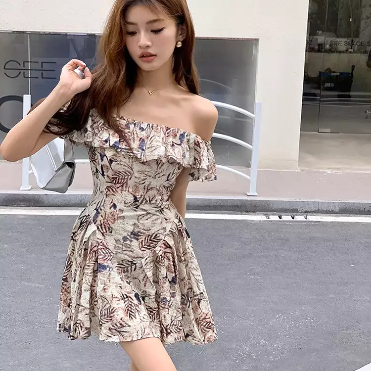 Leaves Pattern Off-Shoulder Dress