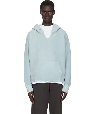 LES TIEN Blue Heavyweight Raw Cropped Hoodie