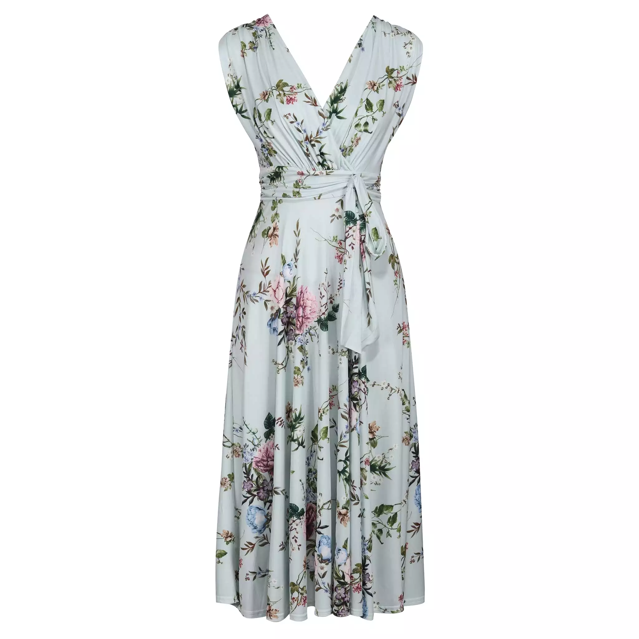 Light Blue Floral V Neck Crossover Top Empire Waist Swing Dress