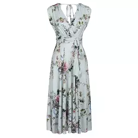 Light Blue Floral V Neck Crossover Top Empire Waist Swing Dress