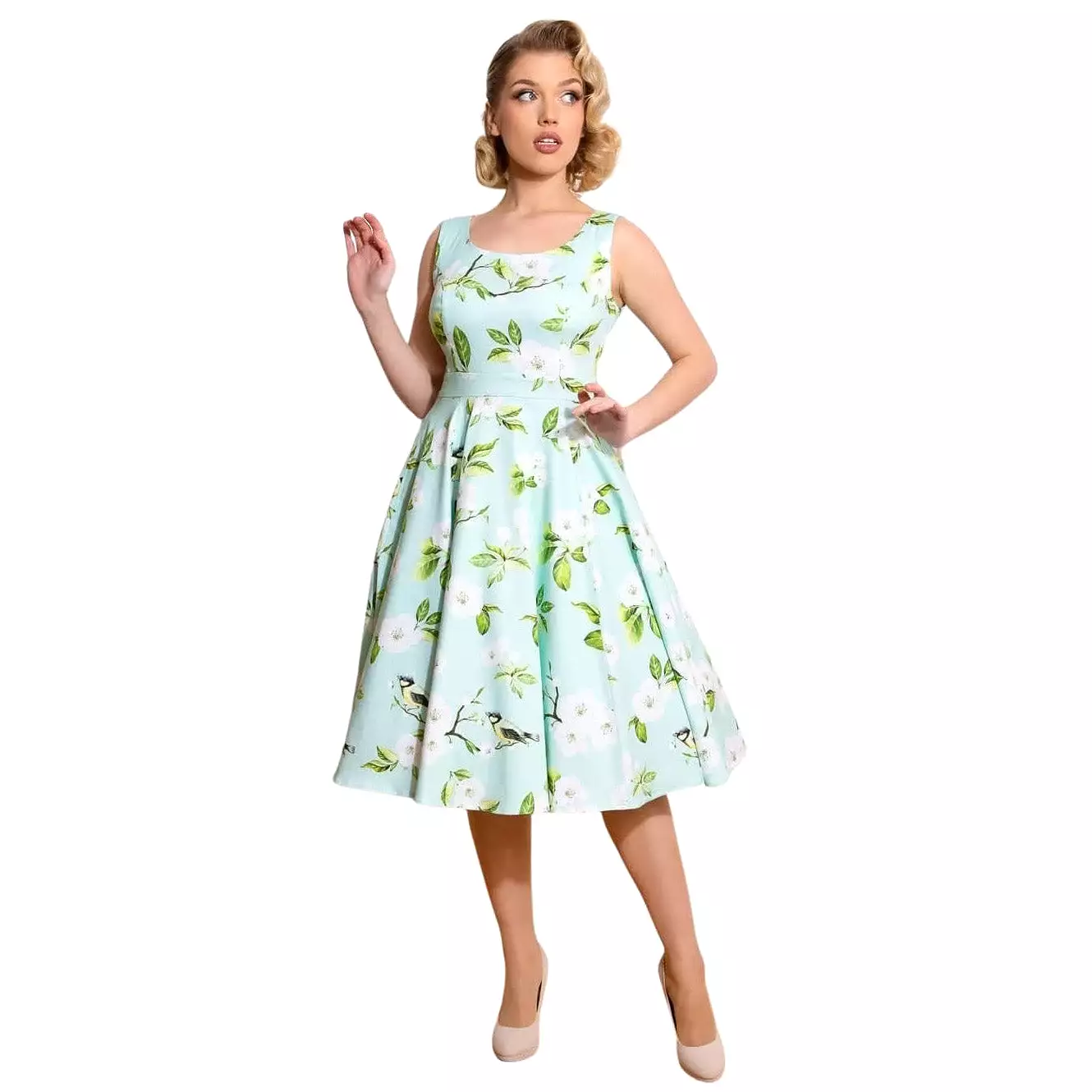 Light Mint Green Floral Print Sleeveless 50s Summer Swing Dress