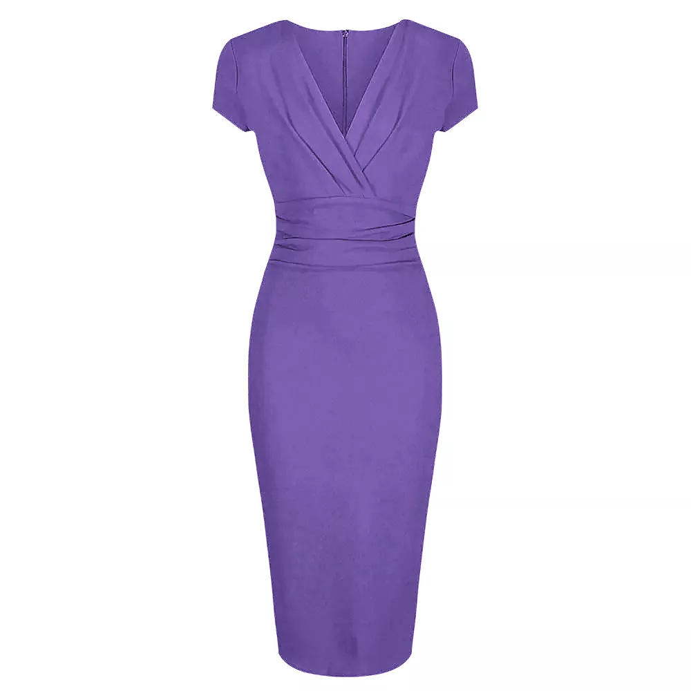 Lilac Deep V Neck Cap Sleeve Ruched Waist Bodycon Wiggle Dress