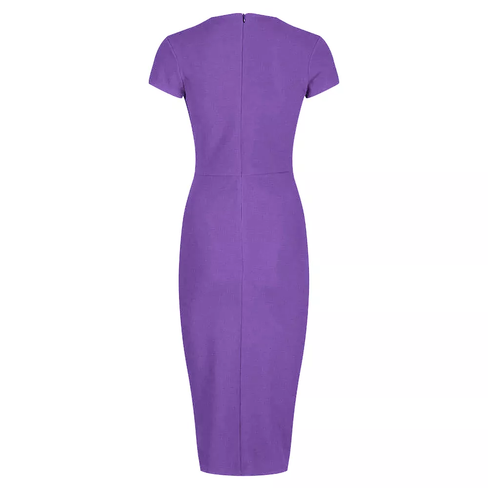 Lilac Deep V Neck Cap Sleeve Ruched Waist Bodycon Wiggle Dress