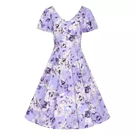 Lilac Floral Print Short Sleeve Swing Tea Dress