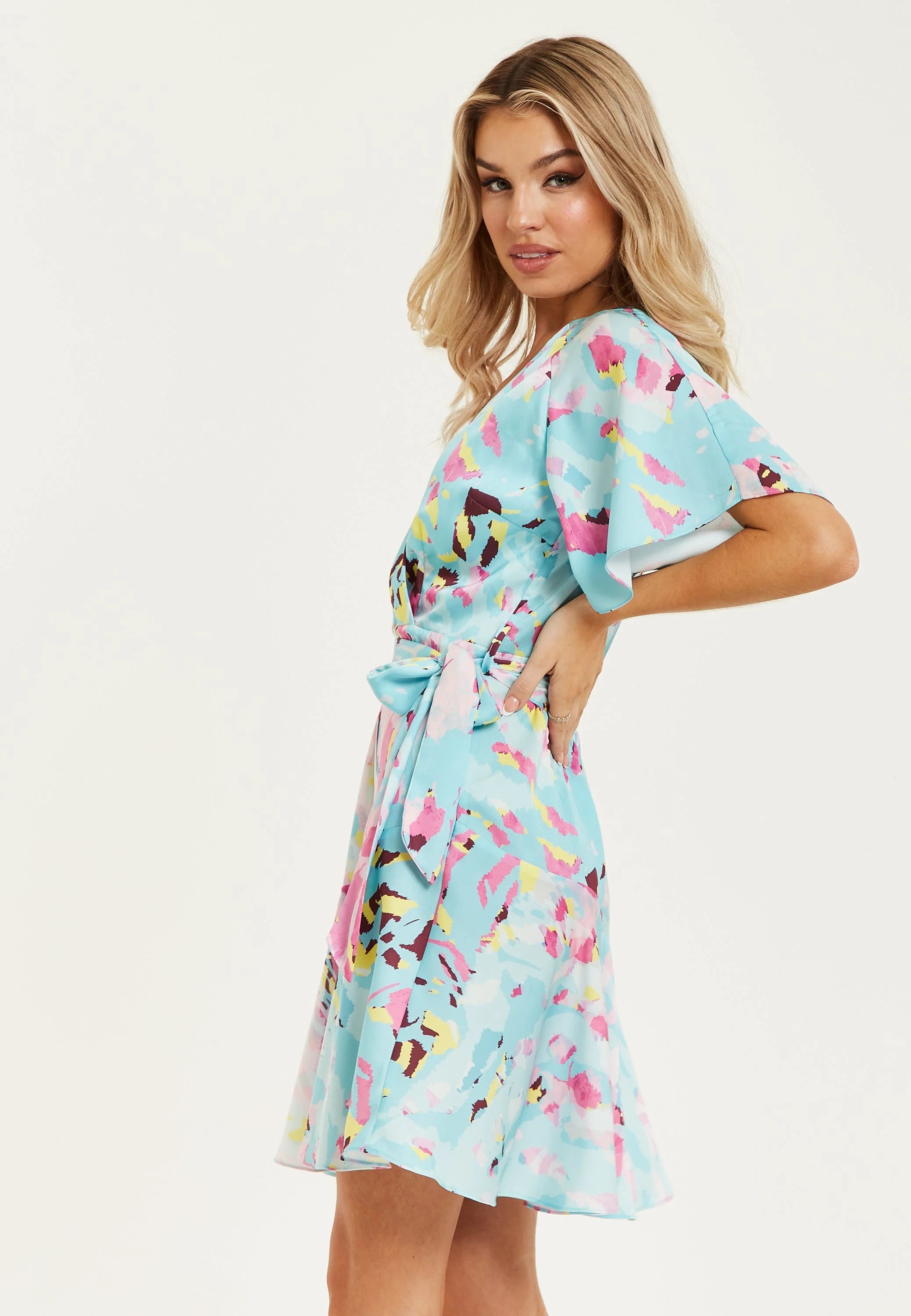 Liquorish Blue Abstract Print Mini Wrap Dress