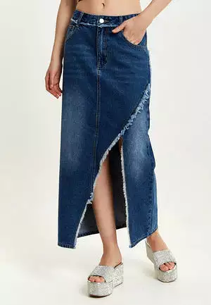 Liquorish Blue Wrap Front Maxi Denim Skirt