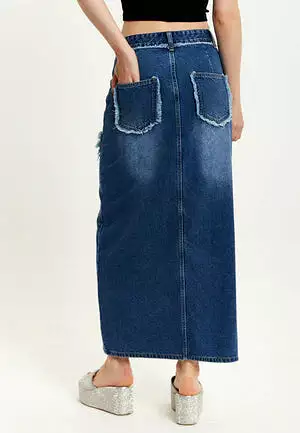 Liquorish Blue Wrap Front Maxi Denim Skirt