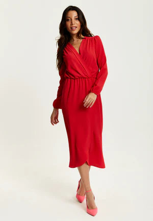 Liquorish Fake Wrap Midi Dress In Red