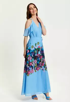 Liquorish Floral Print Maxi Wrap Dress With Frill Details