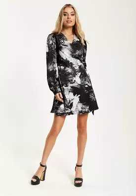 Liquorish Mono Abstract Print Mini Wrap Dress