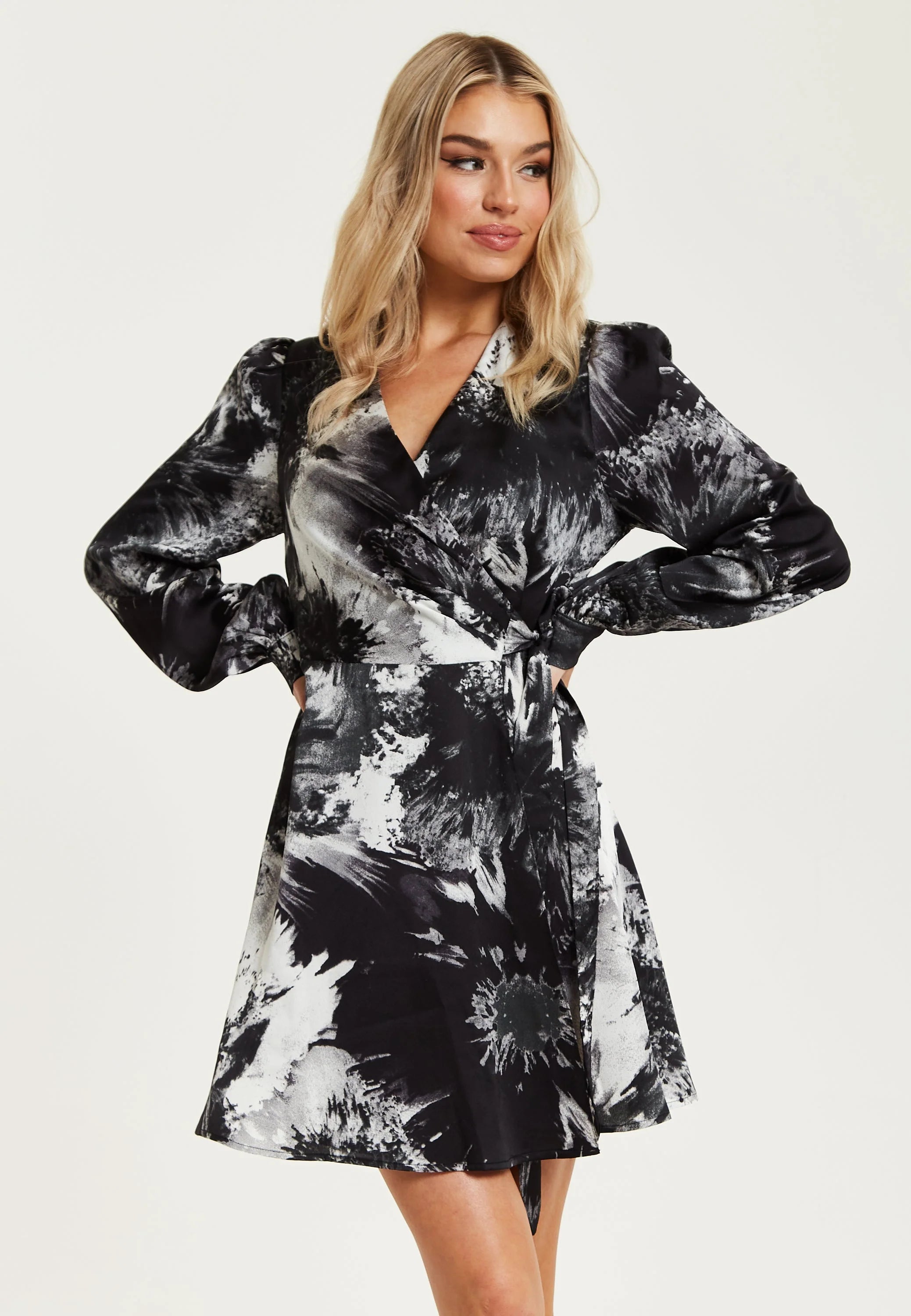 Liquorish Mono Abstract Print Mini Wrap Dress