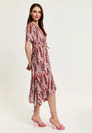 Liquorish Paisley Print Midi Wrap Dress In Brown And Pink