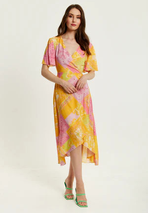 Liquorish Paisley Print Midi Wrap Dress In Yellow And Pink