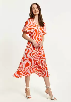 Liquorish Pink And Red Abstract Print Midi Wrap Dress