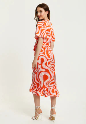 Liquorish Pink And Red Abstract Print Midi Wrap Dress