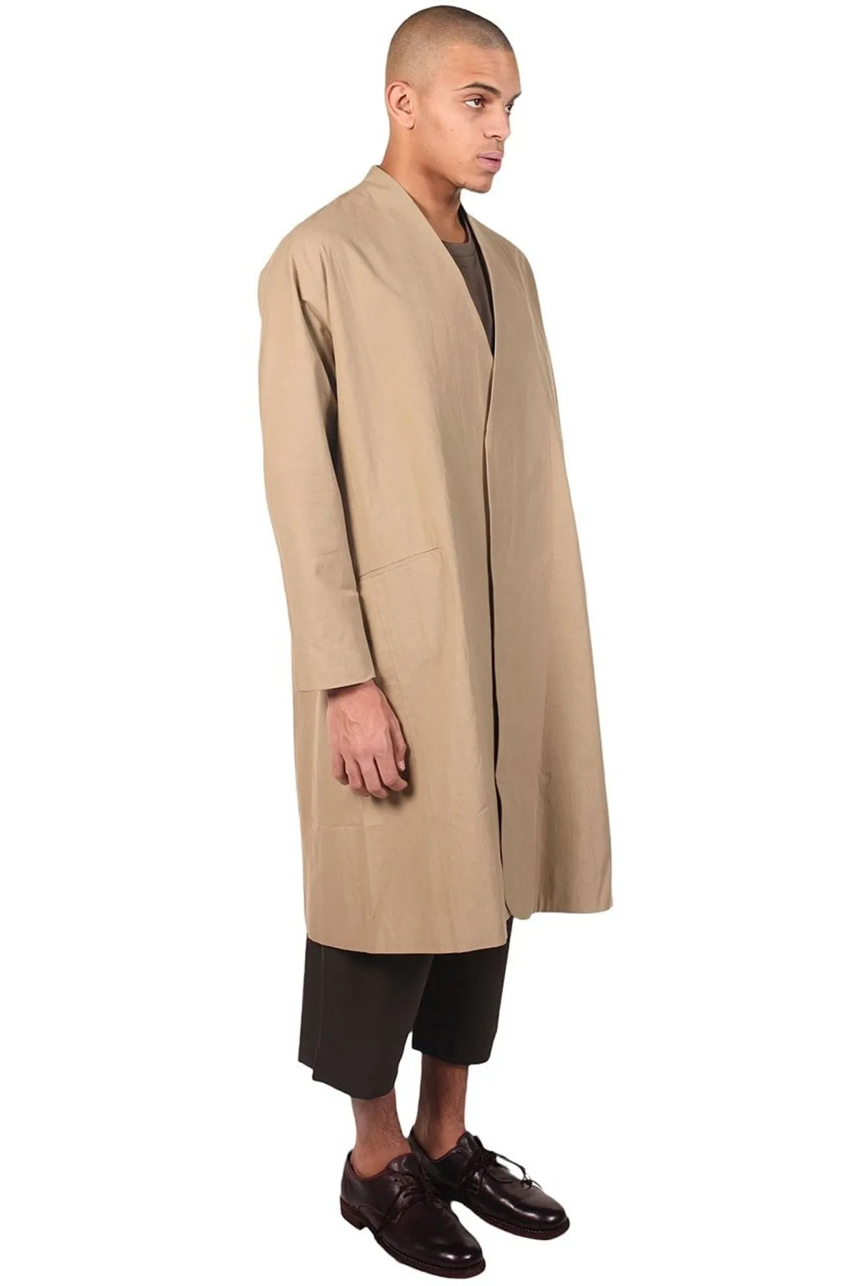 Long Celadon Collarless Coat - Beige