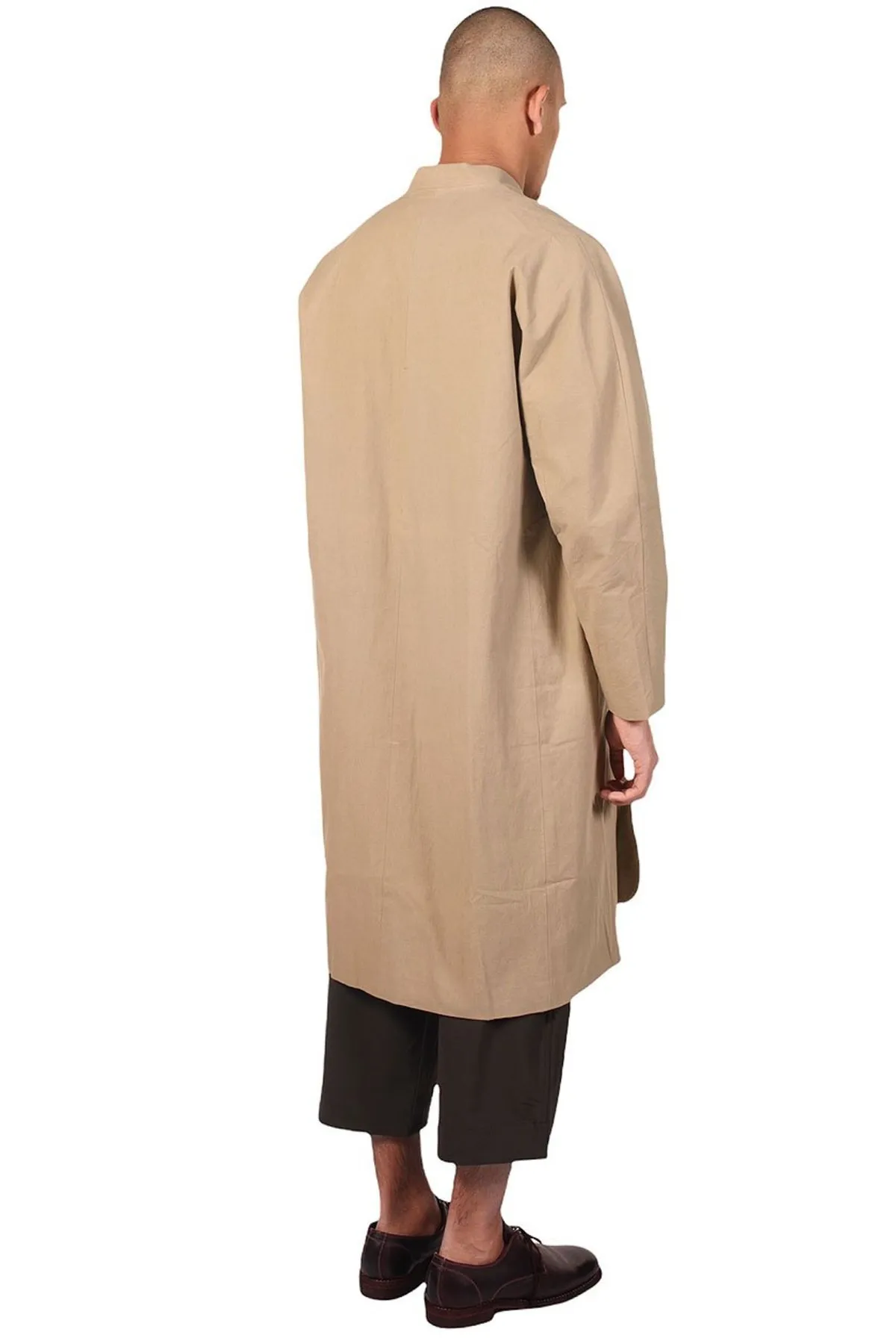 Long Celadon Collarless Coat - Beige