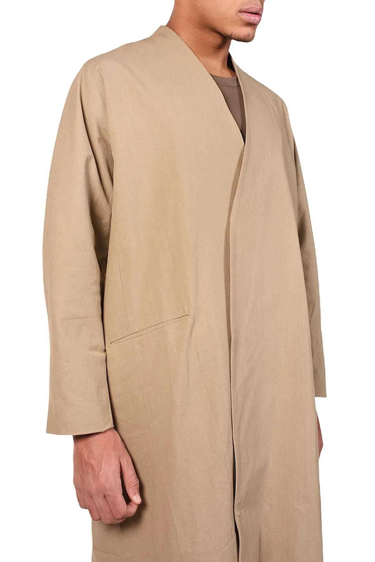 Long Celadon Collarless Coat - Beige