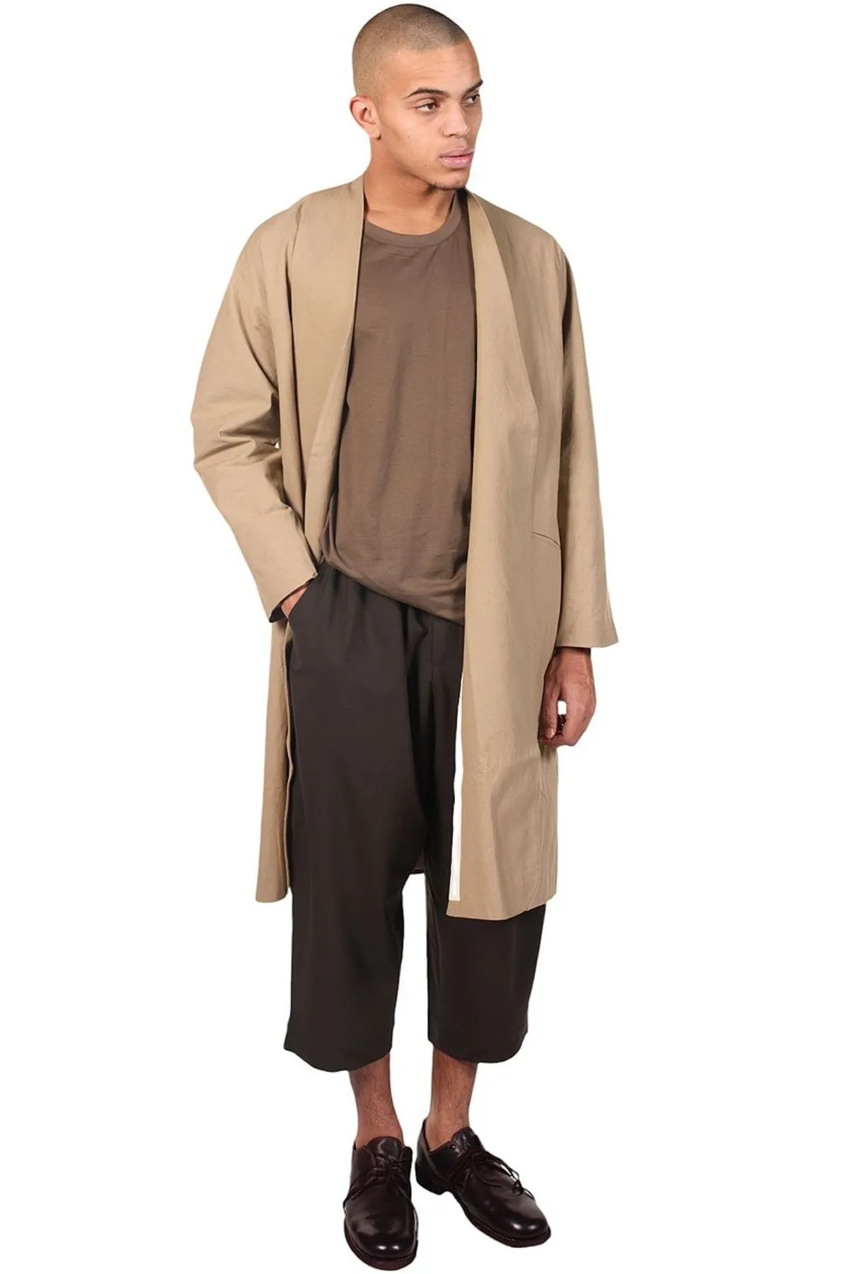 Long Celadon Collarless Coat - Beige