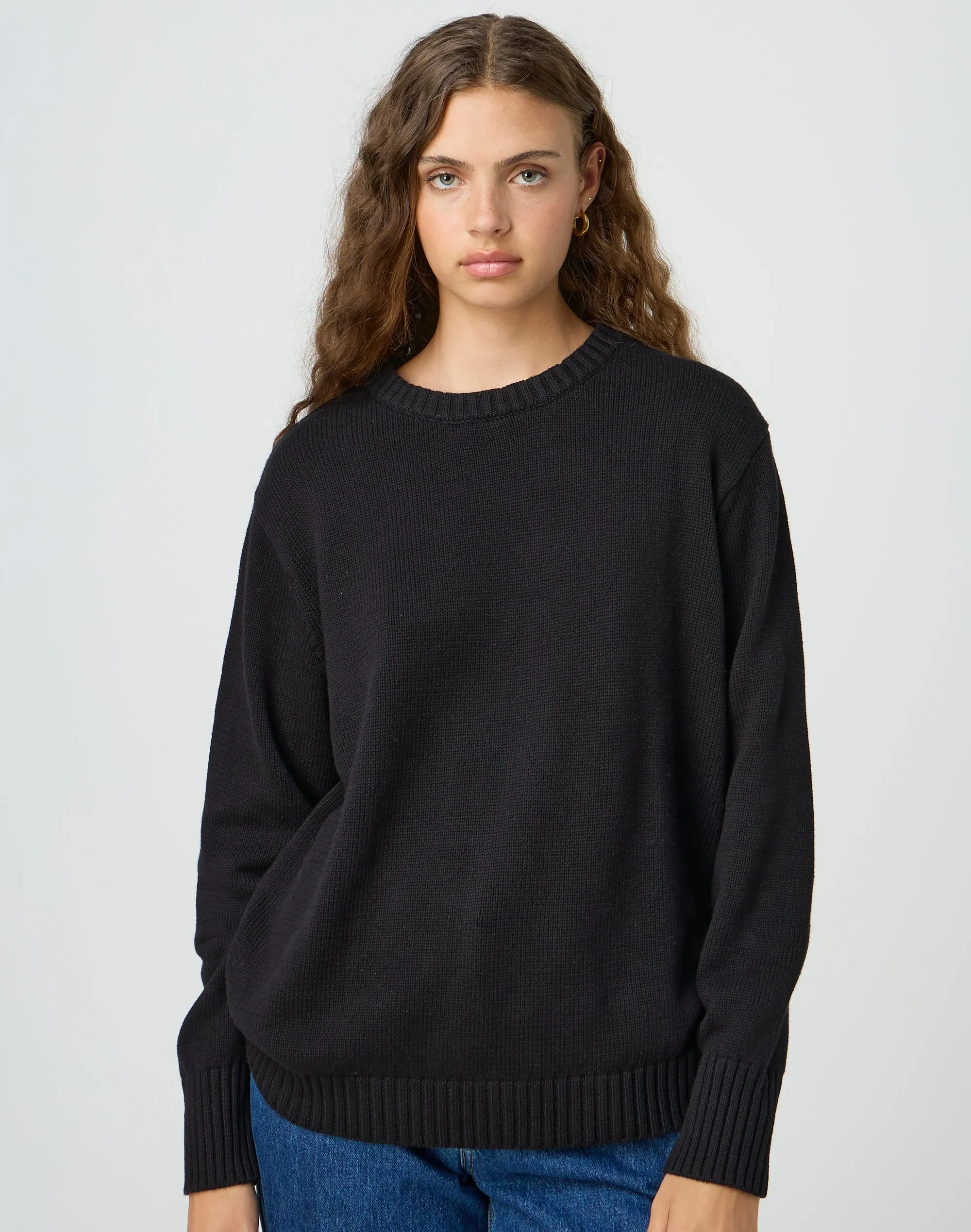 Longline Cotton Knit Jumper in Black | Glassons