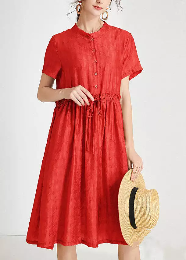 Loose Red Ruffled Tie Waist Silk Dress Short Sleeve AB1017