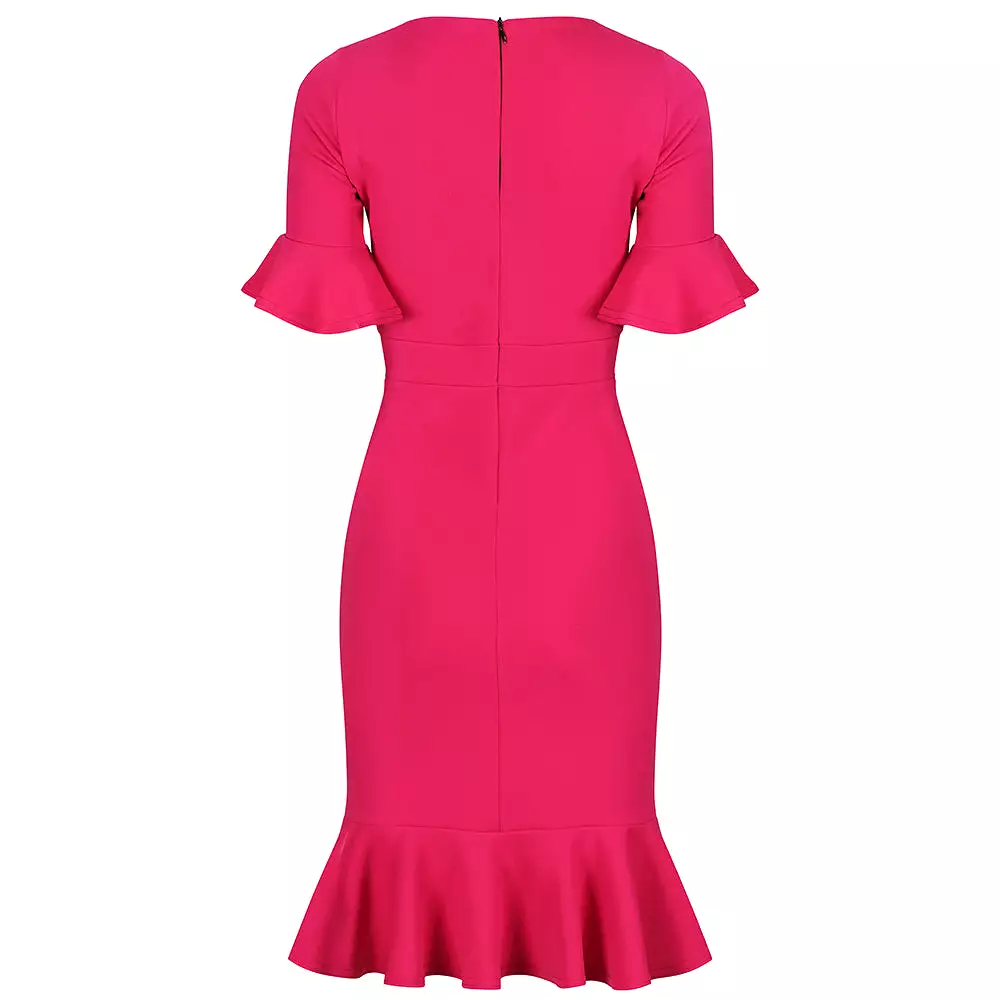 Magenta 1/2 Sleeve Fishtail Peplum Hem V Neck Bodycon Pencil Dress