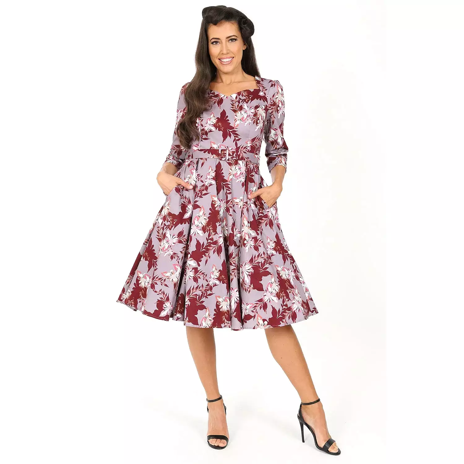 Mauve Floral Print 3/4 Sleeve 50 Swing Tea Dress w/ Sweetheart Neckline & Pockets