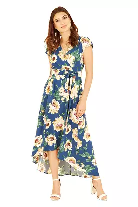 Mela London Blue Painted Floral Print Dipped Hem Wrap Dress