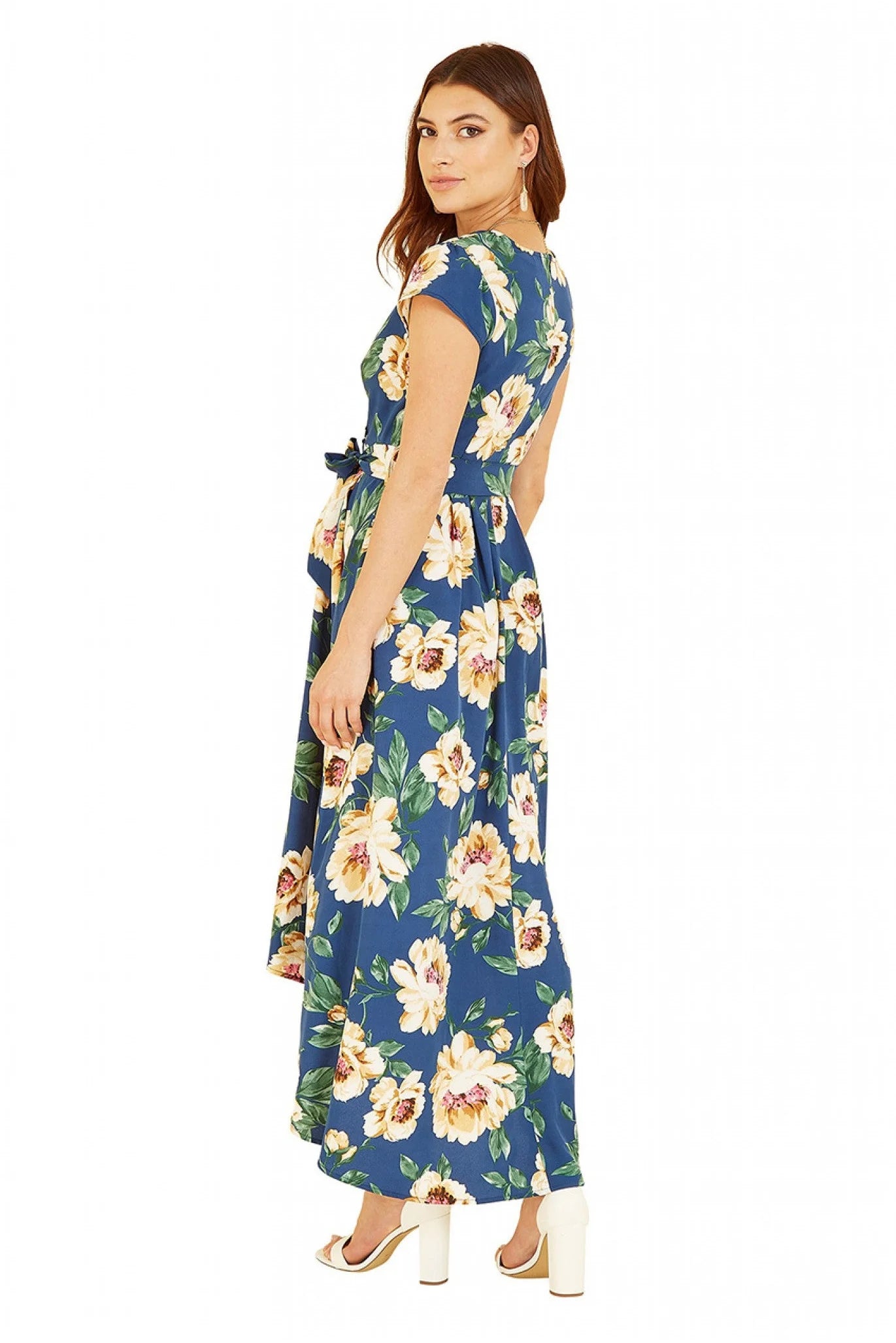 Mela London Blue Painted Floral Print Dipped Hem Wrap Dress