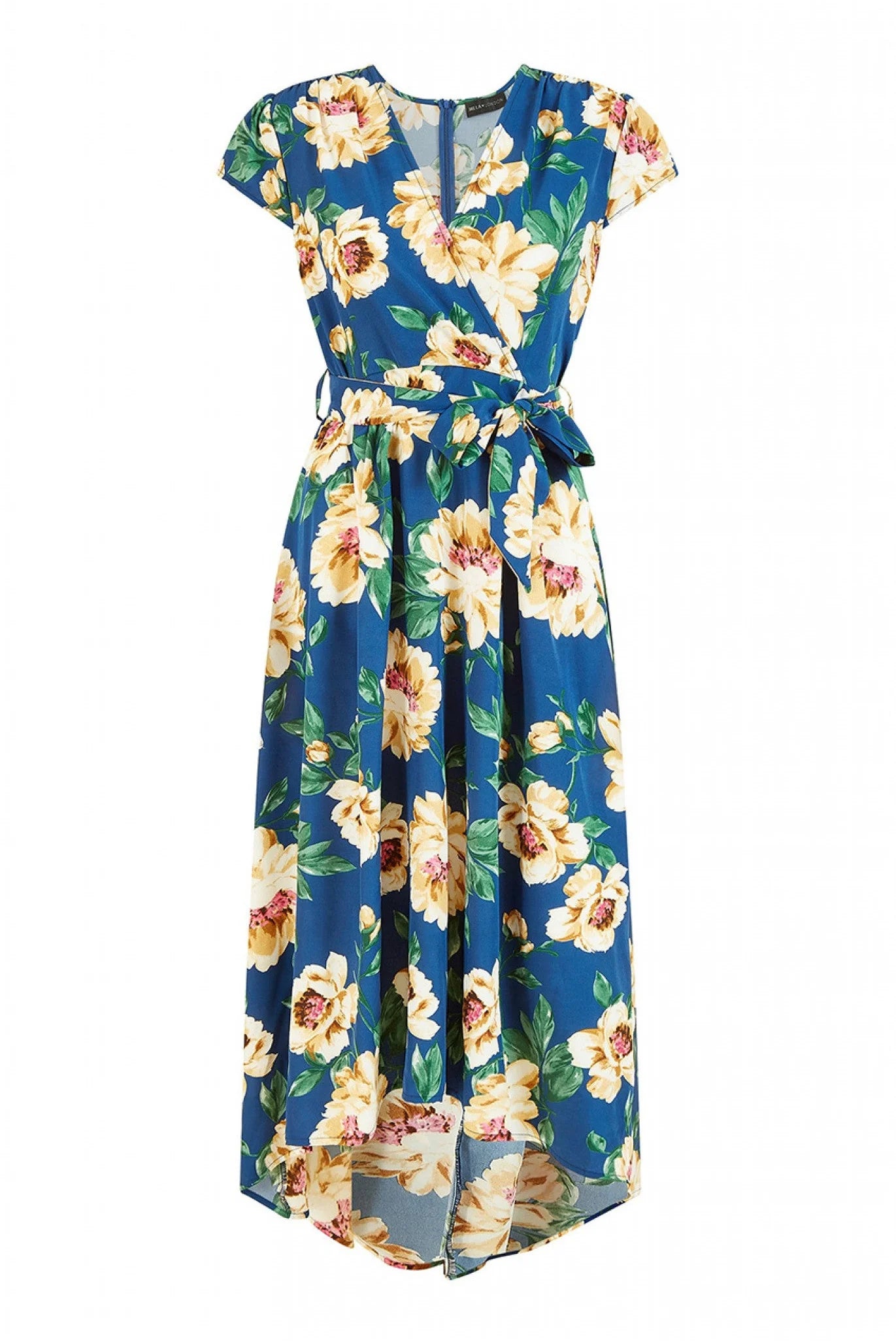 Mela London Blue Painted Floral Print Dipped Hem Wrap Dress