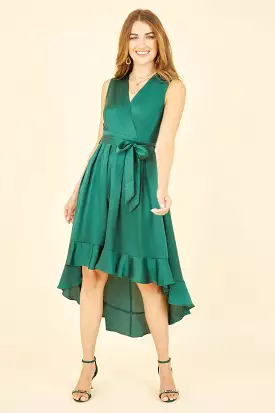 Mela London Green Satin Dipped Hem Wrap Over Midi Dress