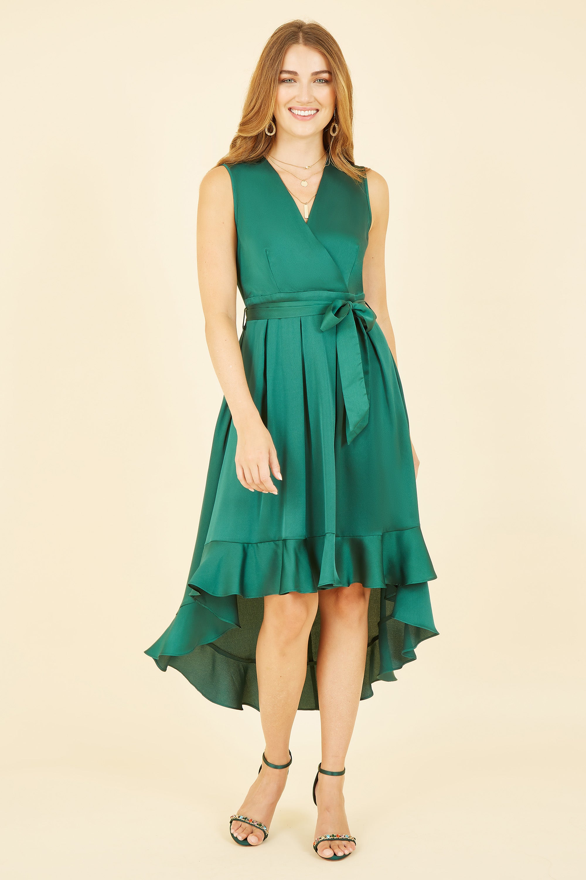 Mela London Green Satin Dipped Hem Wrap Over Midi Dress