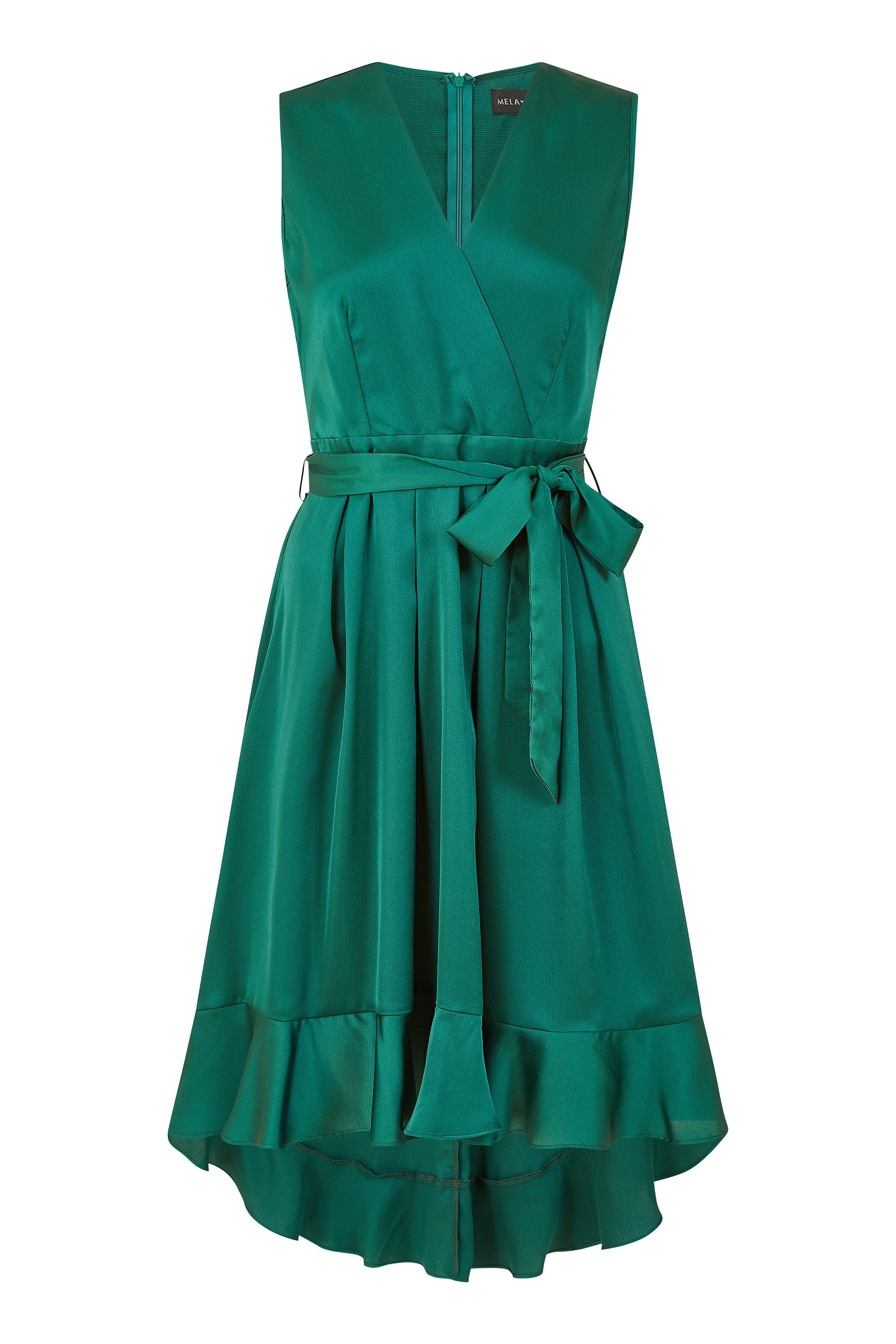 Mela London Green Satin Dipped Hem Wrap Over Midi Dress