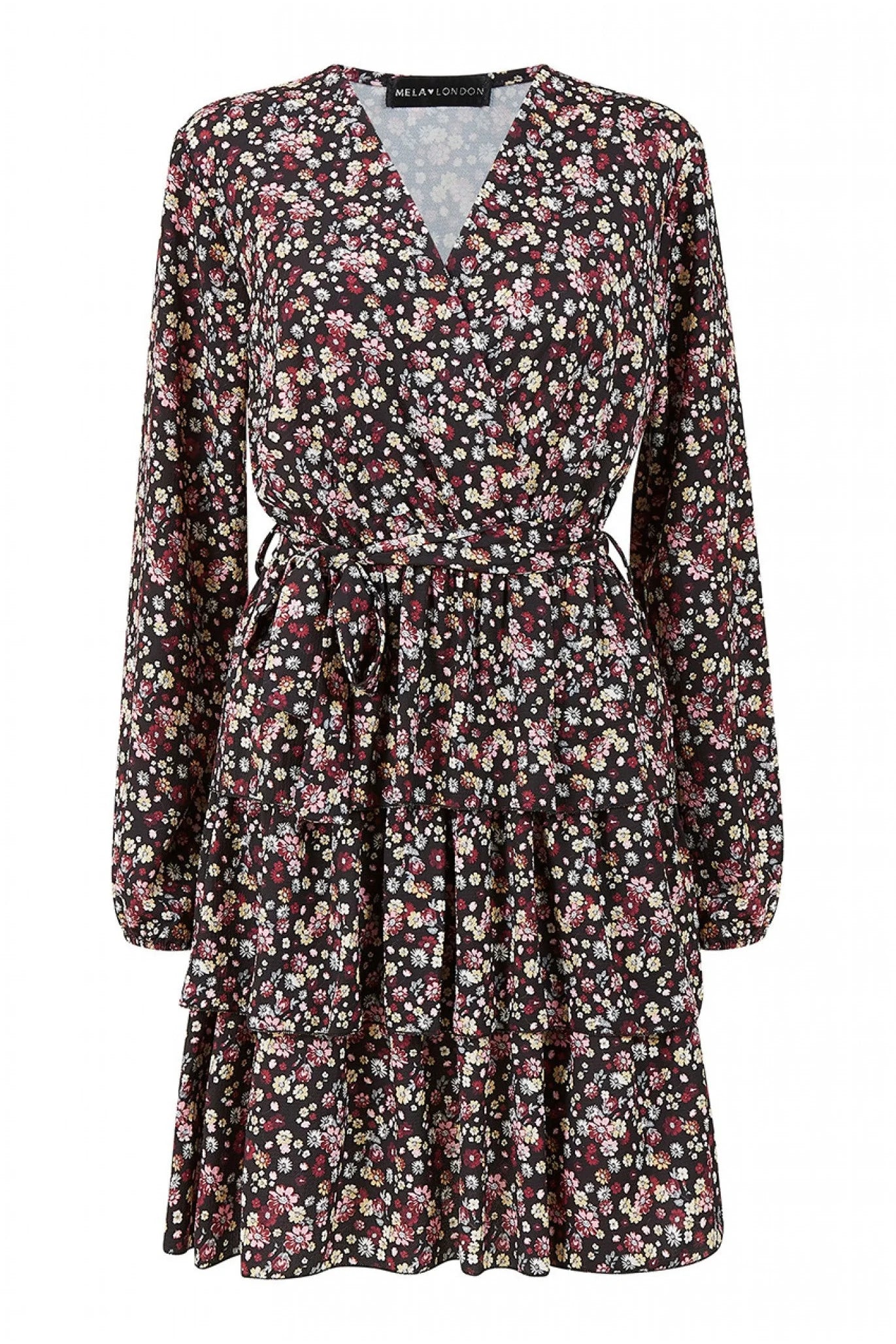 Mela London Mela Black Ditsy Flower Wrap Frill Dress