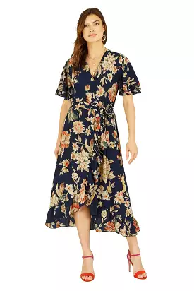 Mela London Navy Winter Floral Wrap Midi Dress