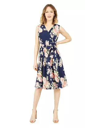 Mela London Rose Printed Wrap Over Sleeveless Skater Dress