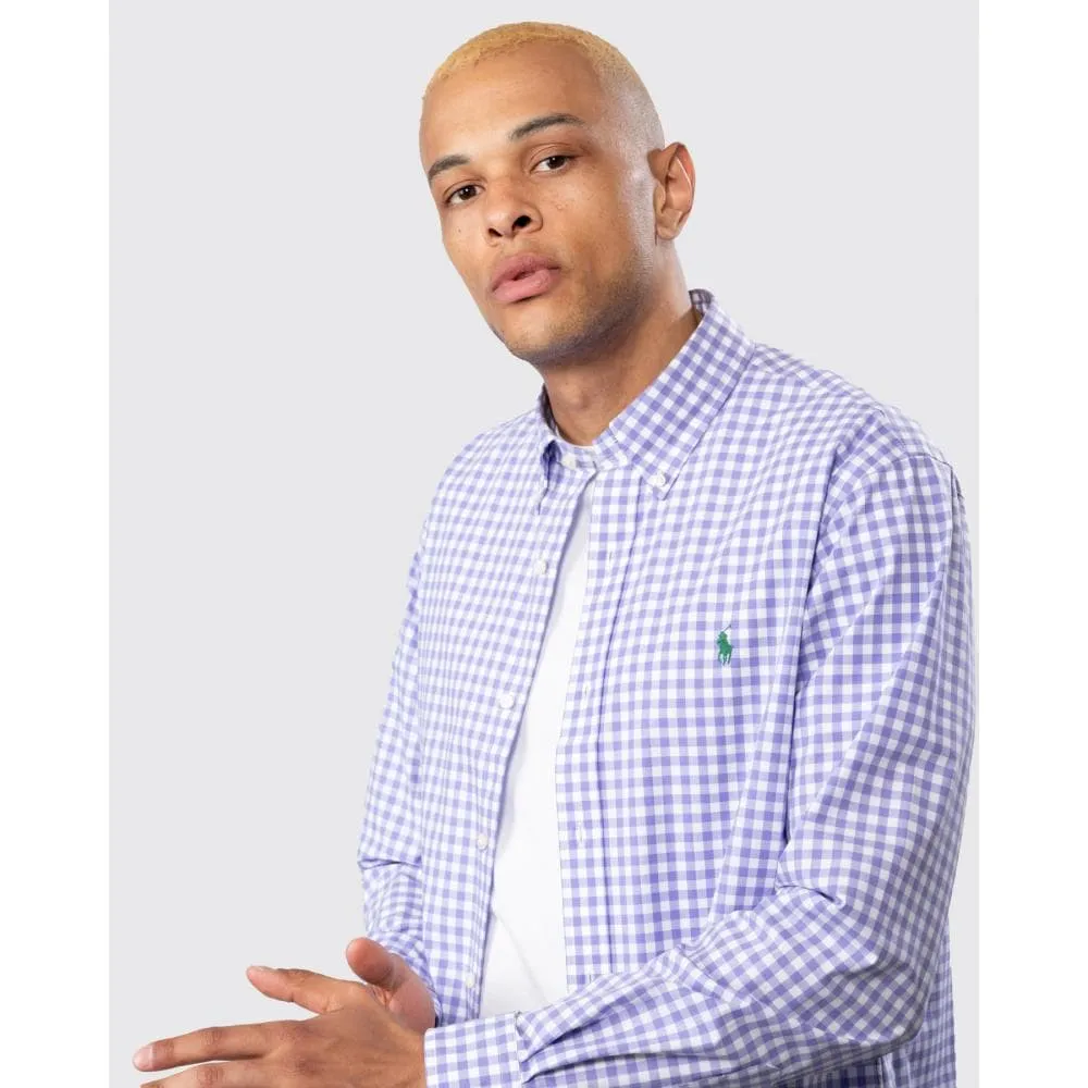 Mens Long Sleeved Button Down Check Shirt With Polo Pony 