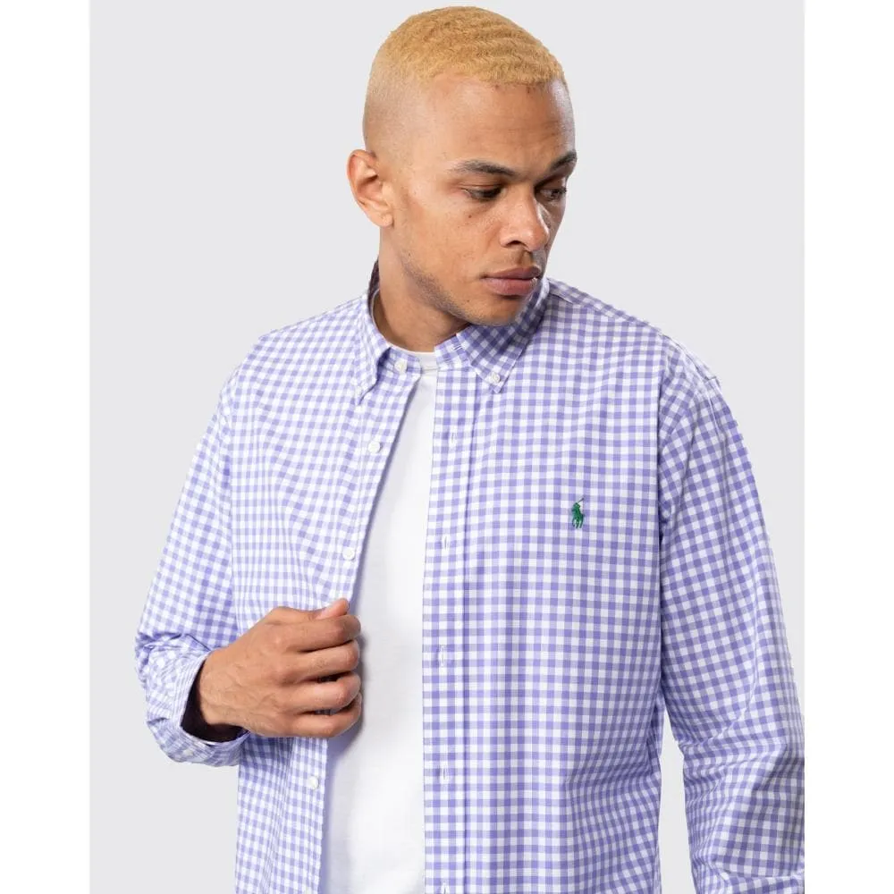 Mens Long Sleeved Button Down Check Shirt With Polo Pony 