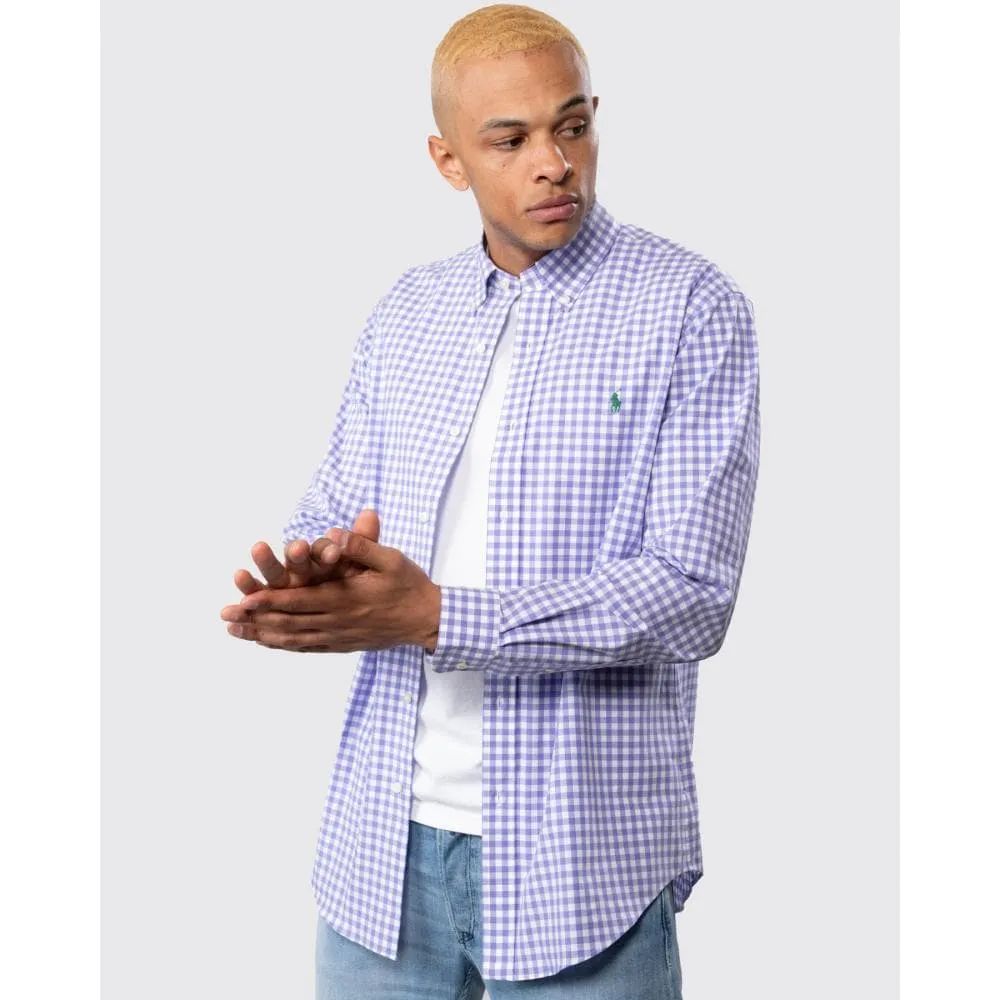 Mens Long Sleeved Button Down Check Shirt With Polo Pony 