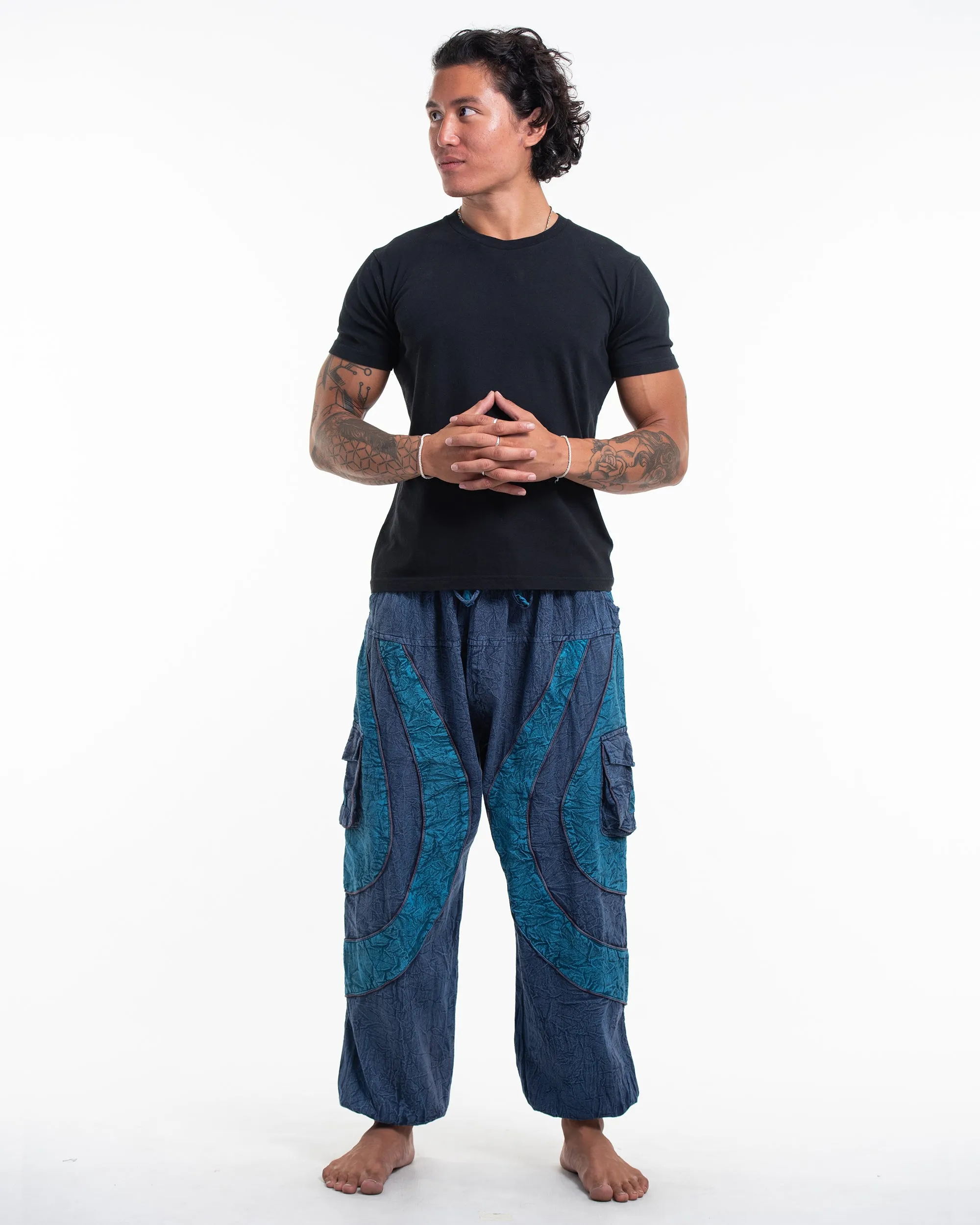 Men's Patchwork Stone Washed Cargo Cotton Pants in Navy 04