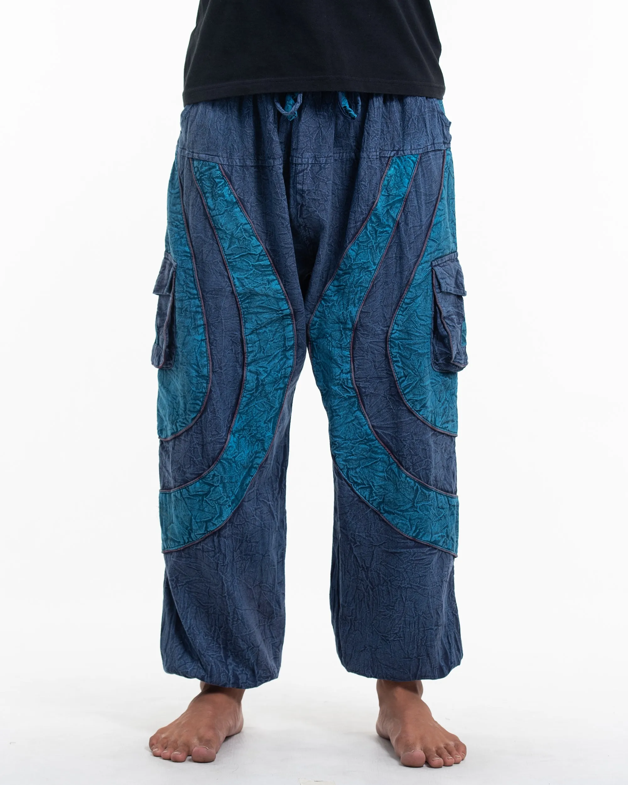 Men's Patchwork Stone Washed Cargo Cotton Pants in Navy 04