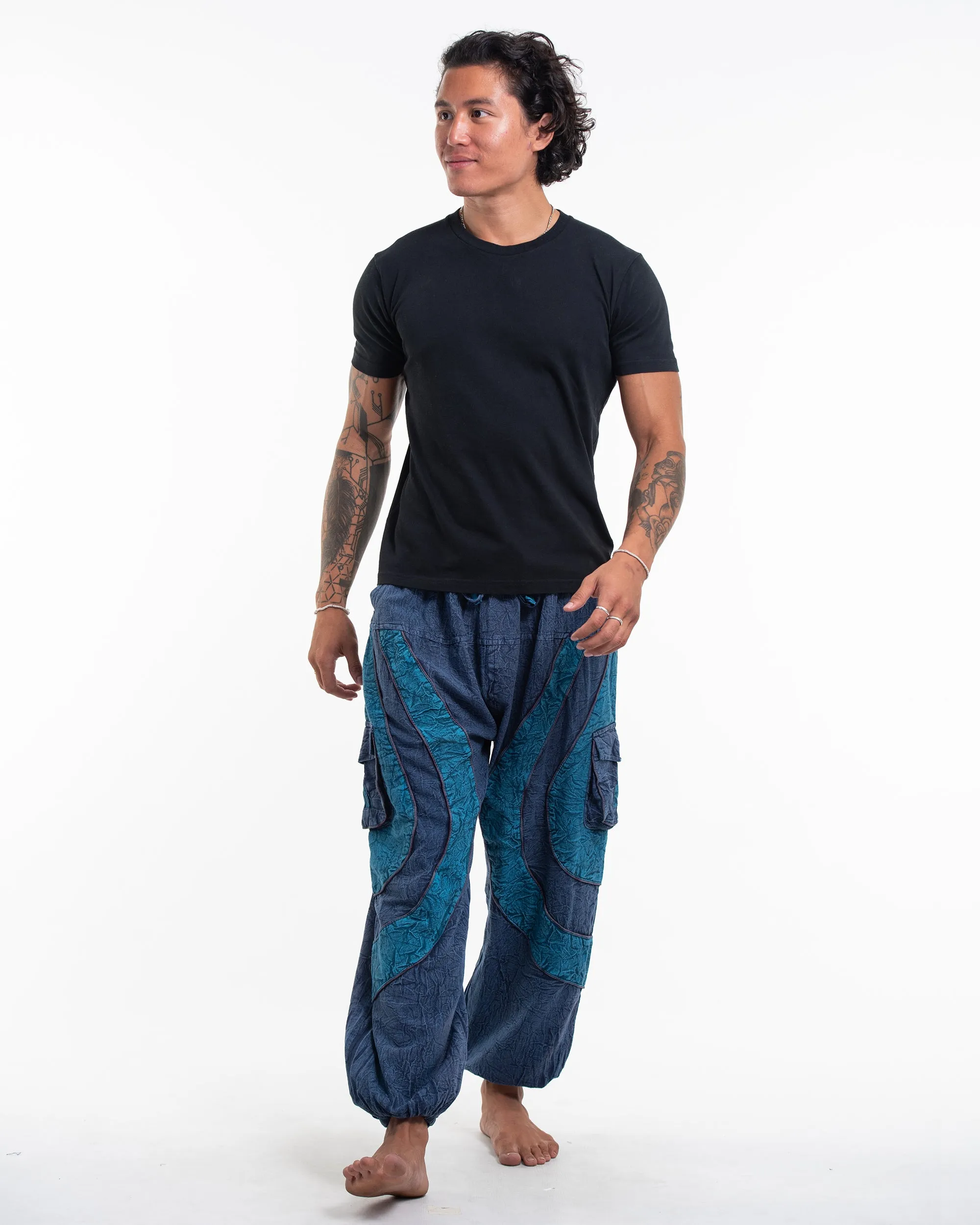 Men's Patchwork Stone Washed Cargo Cotton Pants in Navy 04