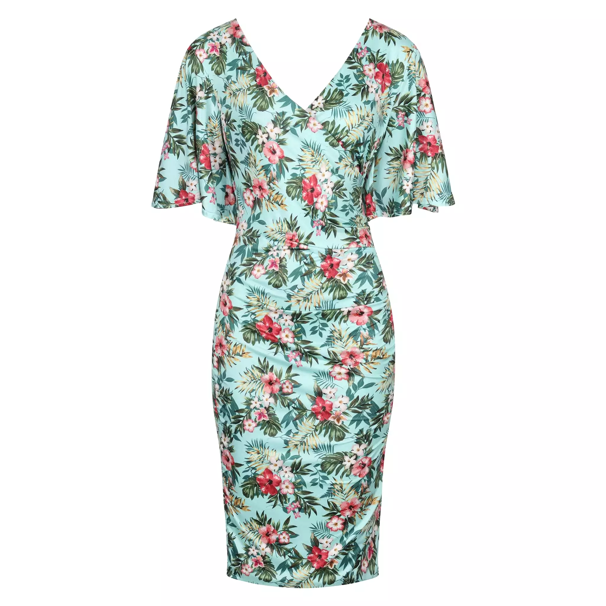 Mint Green Floral Print Butterfly Sleeve Slinky Pencil Cocktail Dress