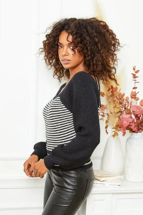 Monochrome Stripe Knit Jumper in Black