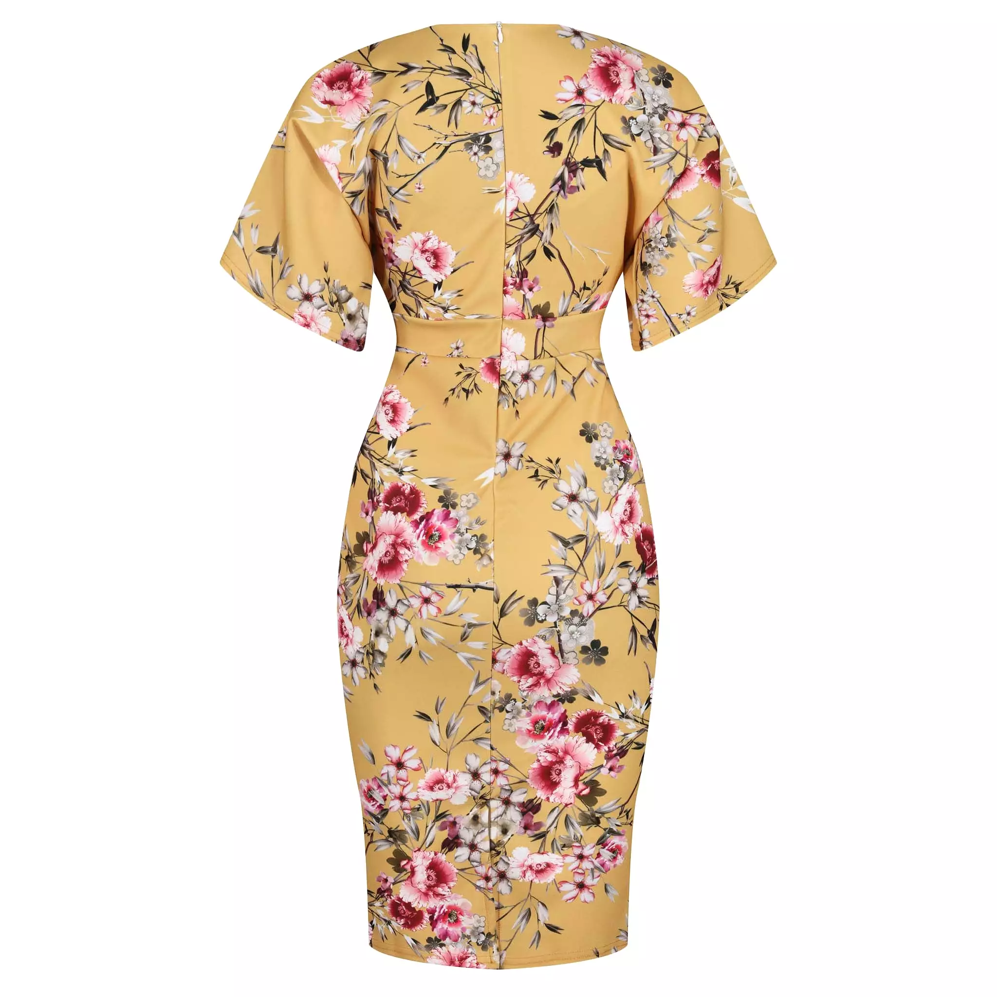 Mustard Floral Half Batwing Sleeve Crossover Top Pencil Dress