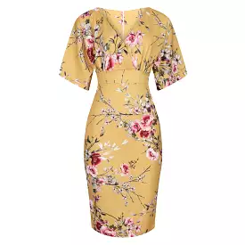 Mustard Floral Half Batwing Sleeve Crossover Top Pencil Dress