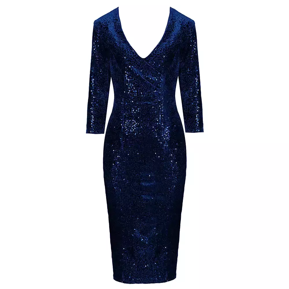 Navy Blue 3/4 Sleeve V Neck Velour Sequin Pencil Wiggle Dress