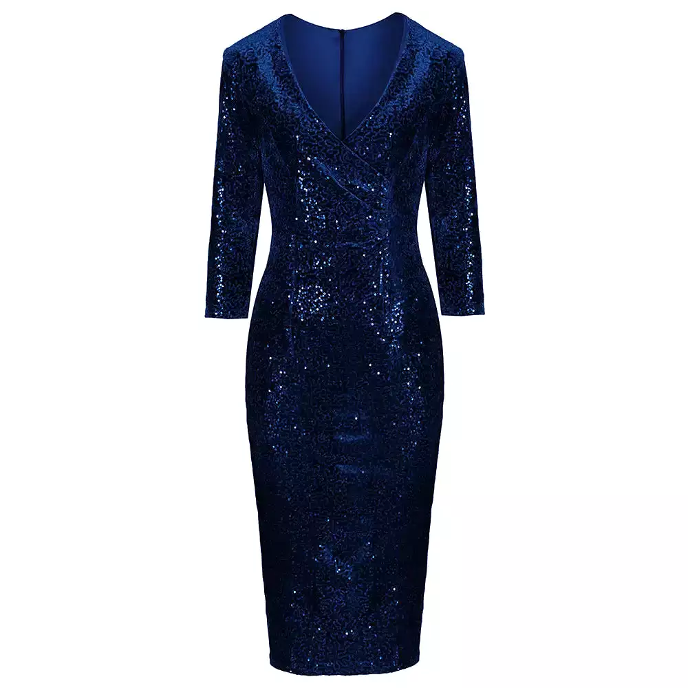 Navy Blue 3/4 Sleeve V Neck Velour Sequin Pencil Wiggle Dress