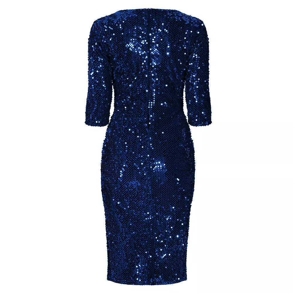 Navy Blue 3/4 Sleeve V Neck Velour Sequin Pencil Wiggle Party Dress