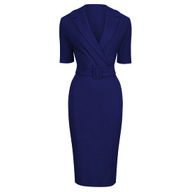 Navy Blue Belted Half Sleeve Collared Wiggle Dress